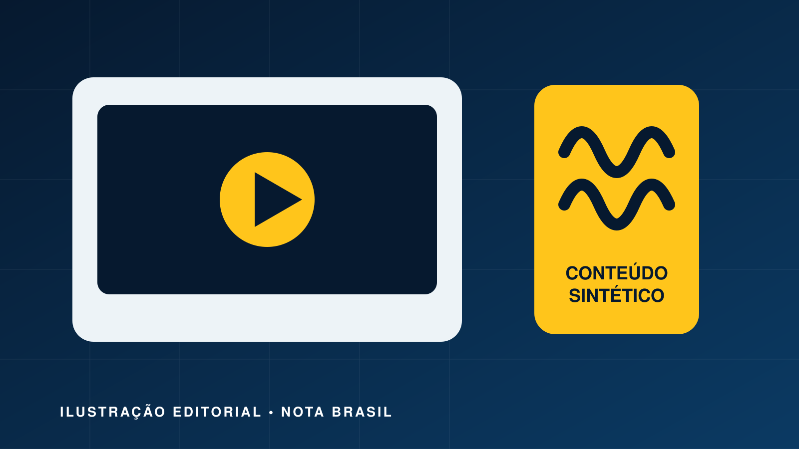 Ilustração editorial de ondas de áudio, quadro de vídeo e selo de conteúdo sintético